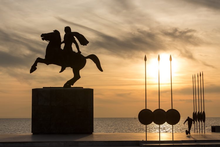 Silhouette of Alexander the Great Statue at sunrise. Thessaloniki city. Greece. Depositphotos.