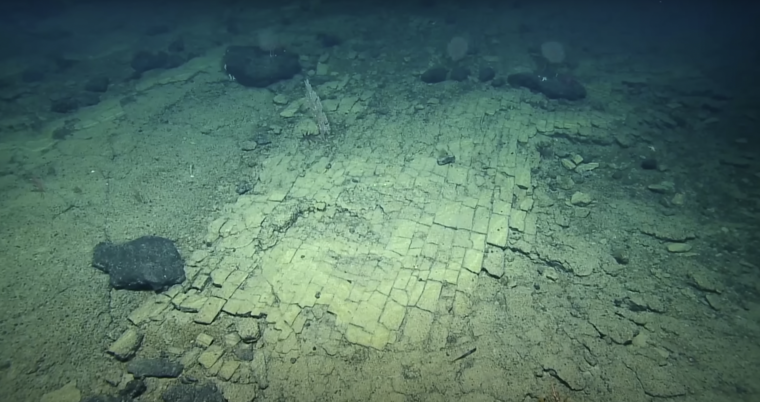 A geological formation that appears as a yellow brick road at the bottom of the Pacific Ocean is actually a geological formation. Image Credit: EVNautilus.