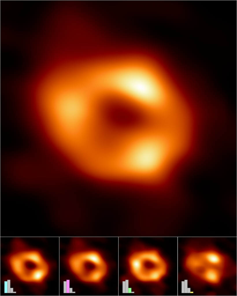 Final image and four averaged images from four clusters. Bar charts show the contribution of each of the clusters to the final picture. Credit: ESA
