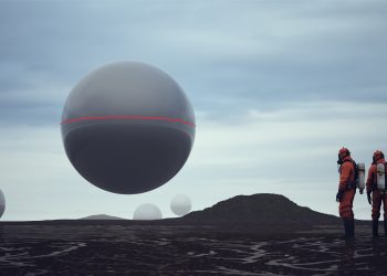 An artists rendering of a UFO and scientists studying it. Depositphotos.