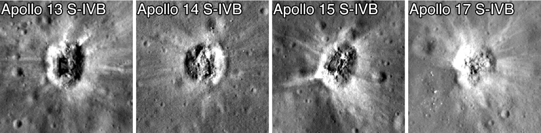 This series of photographs shows the impact craters formed by the Apollo S-IVB stages. The crater diameters range from 35 to 40 meters in the longest dimension. Image CrediT: NASA/GSFC/Arizona State University.