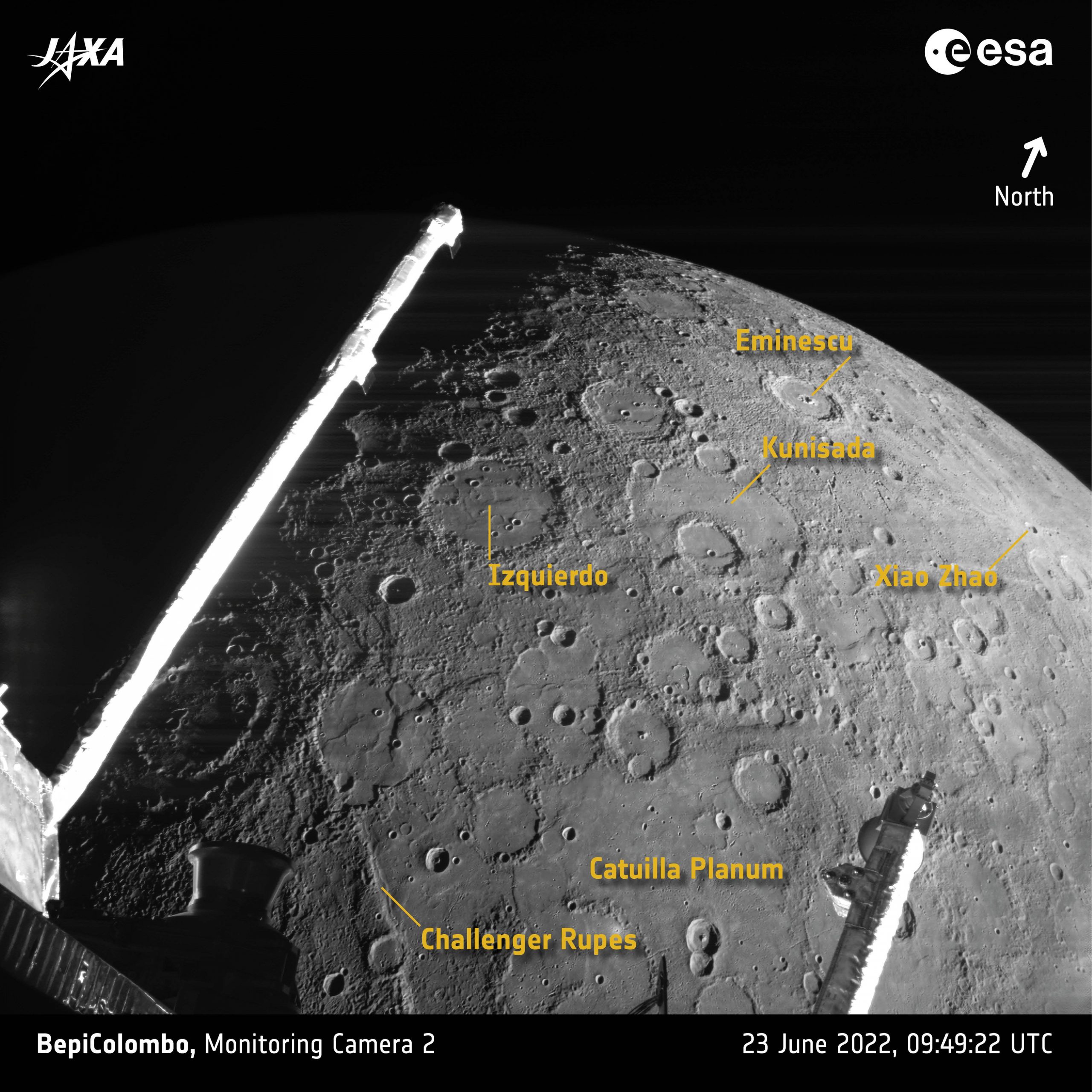 A photograph taken by the Bepicolombo spacecraft showing some of the craters on Mercury and their respective names. Image Credit: ESA/BepiColombo/MTM, CC BY-SA 3.0 IGO.