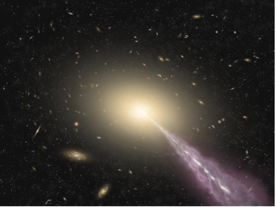 Artist's impression of a giant galaxy with a high-energy jet. Credit: ALMA (ESO/NAOJ/NRAO).