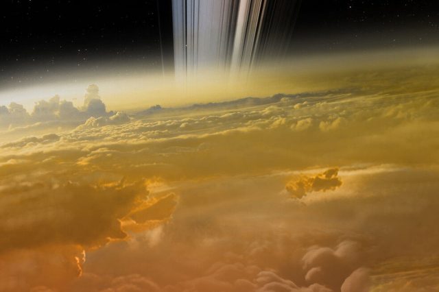 An illustration of the atmosphere of a gas giant (Saturn). NASA.