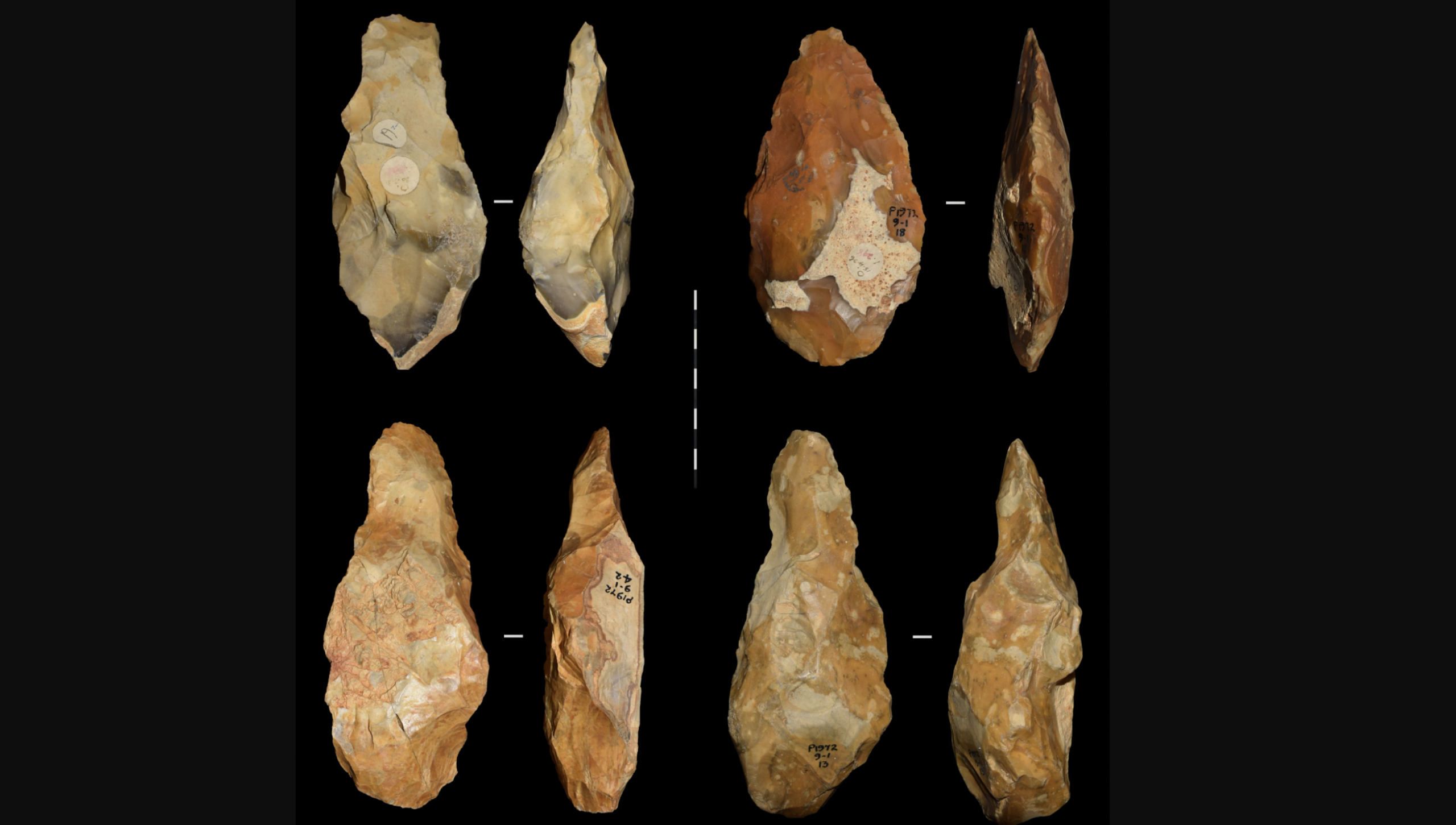 A selection of handaxes discovered in the 1920s. Image: authors of the research. University of Cambridge.