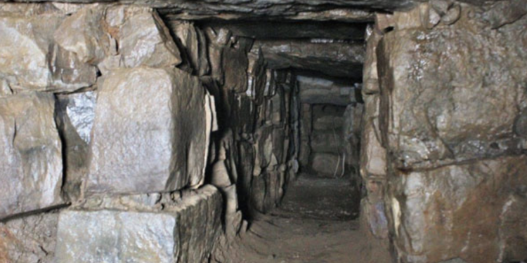 Tunnels beneath Chavin de Huantar a pyramid temple in Peru. Antamina.