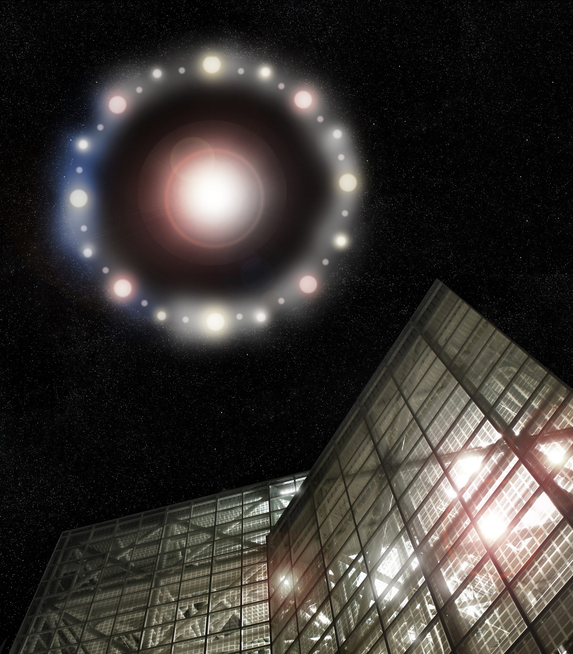 Huge glowing UFO hovering over a building. Depositphotos.