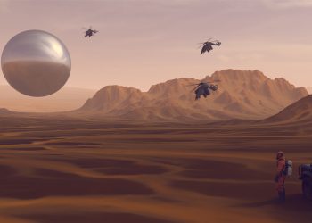 An artist's rendering of UFOs and scientists studying them. Depositphotos.