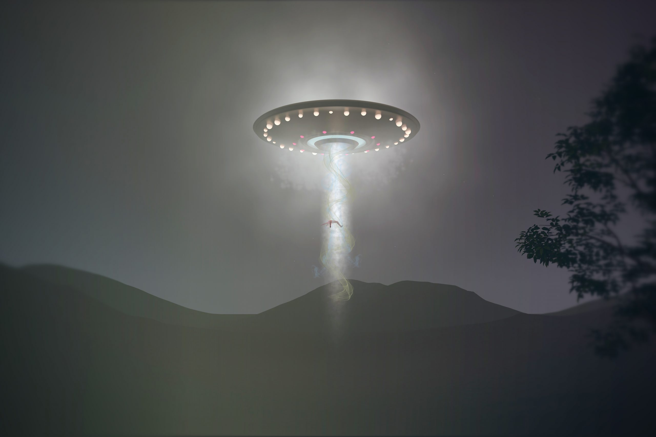 An artistic rendering showing an UFO abduction. Depositphotos.
