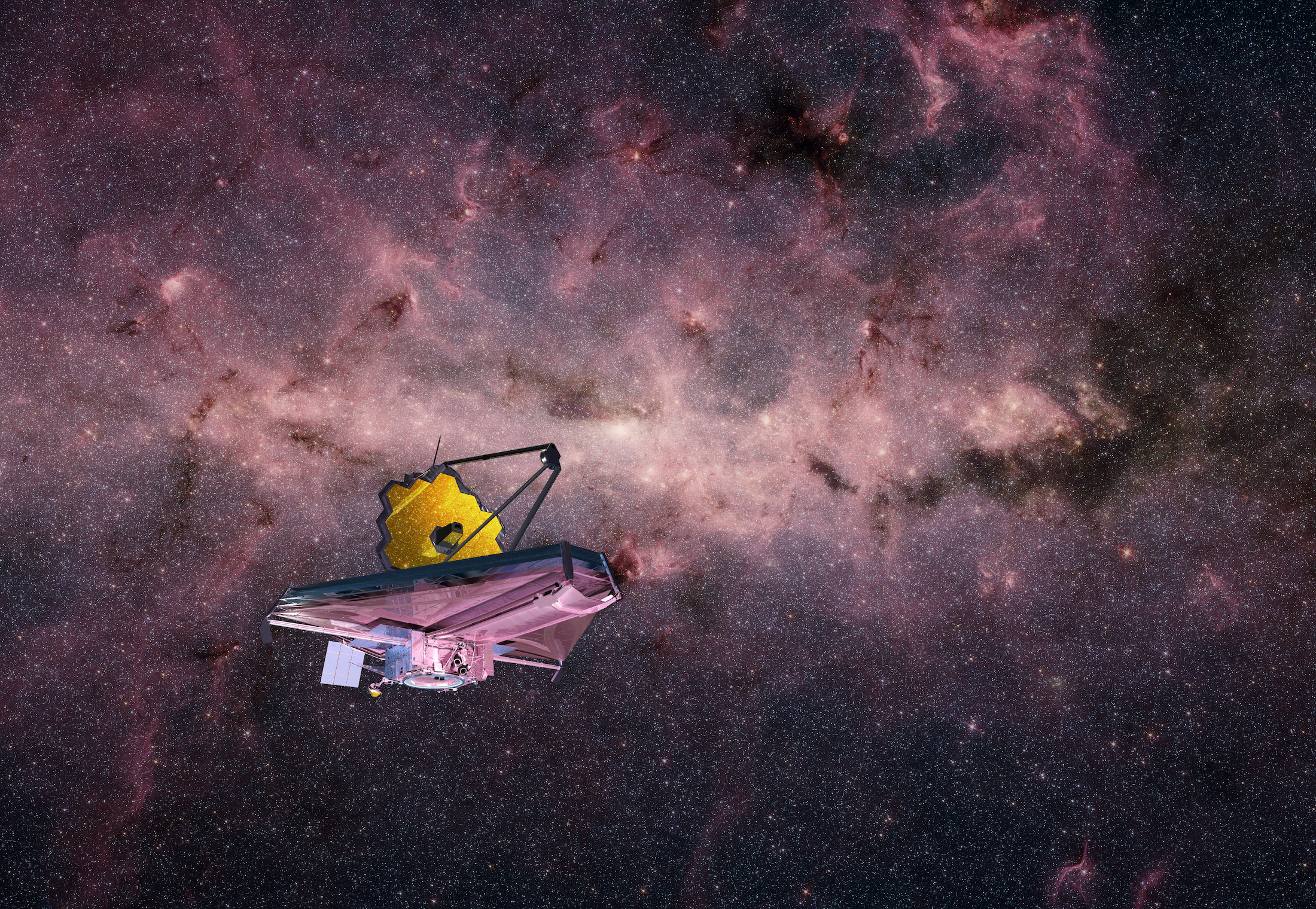 An illustration of the James Webb Space Telescope and the universe in the background. Deposiphotos.