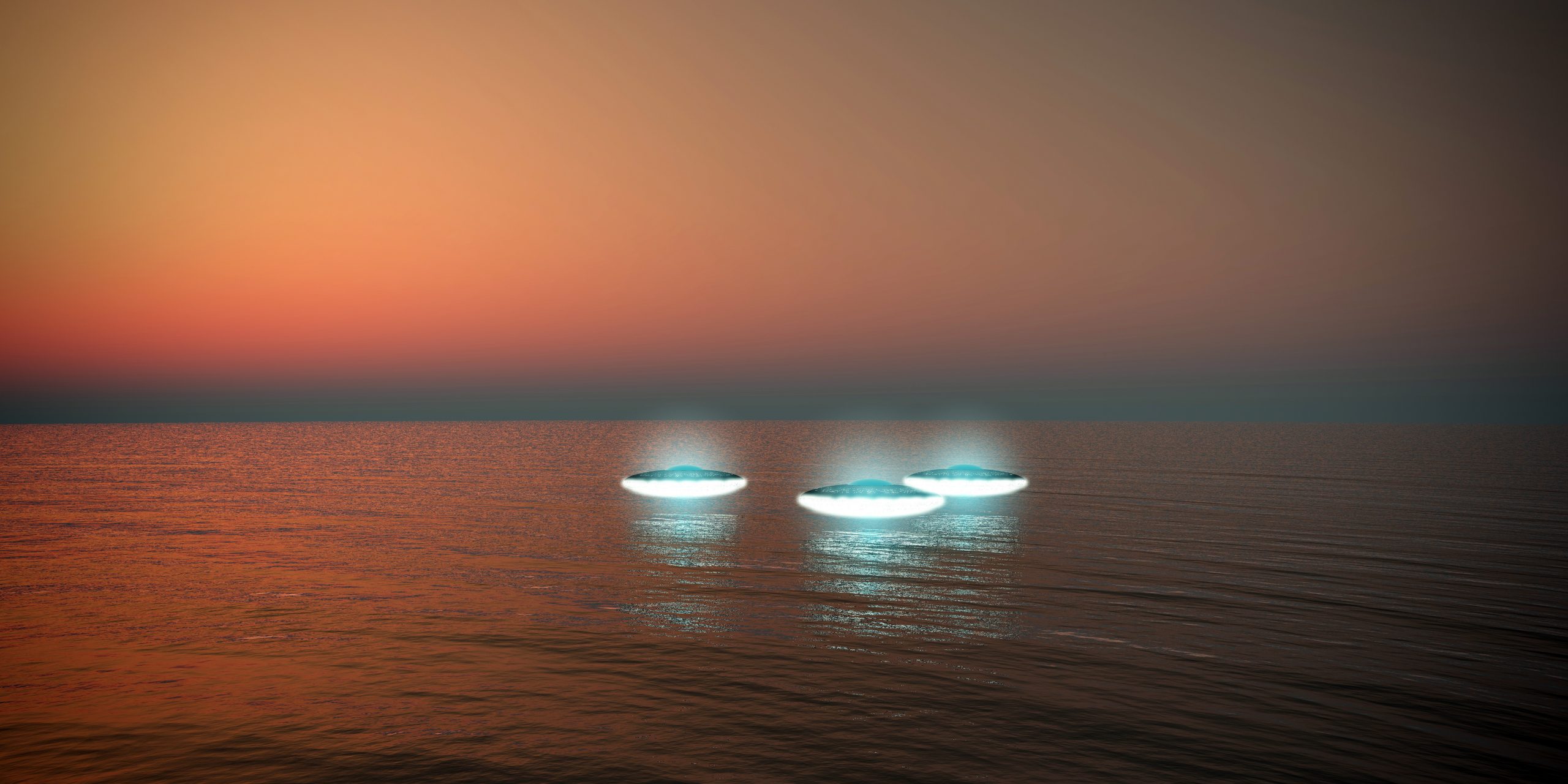 An illustration showing three UFOs hovering above the ocean. Depositphotos.