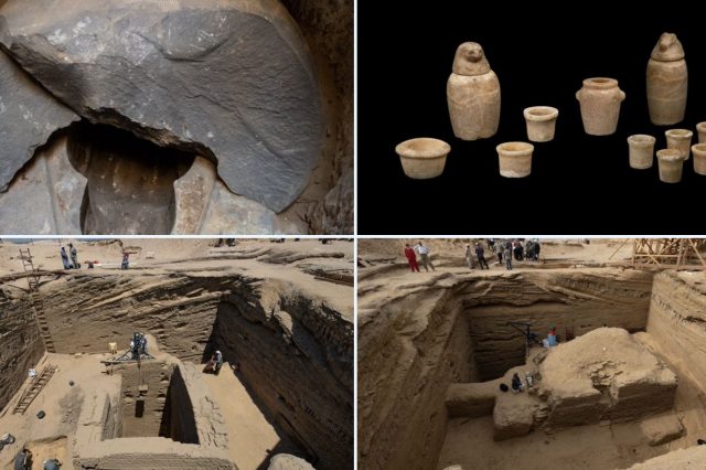 A collage of photographs showing the discovery of the ancient tomb in Egypt. Image Credit: Ministry of Tourism and Antiquities.