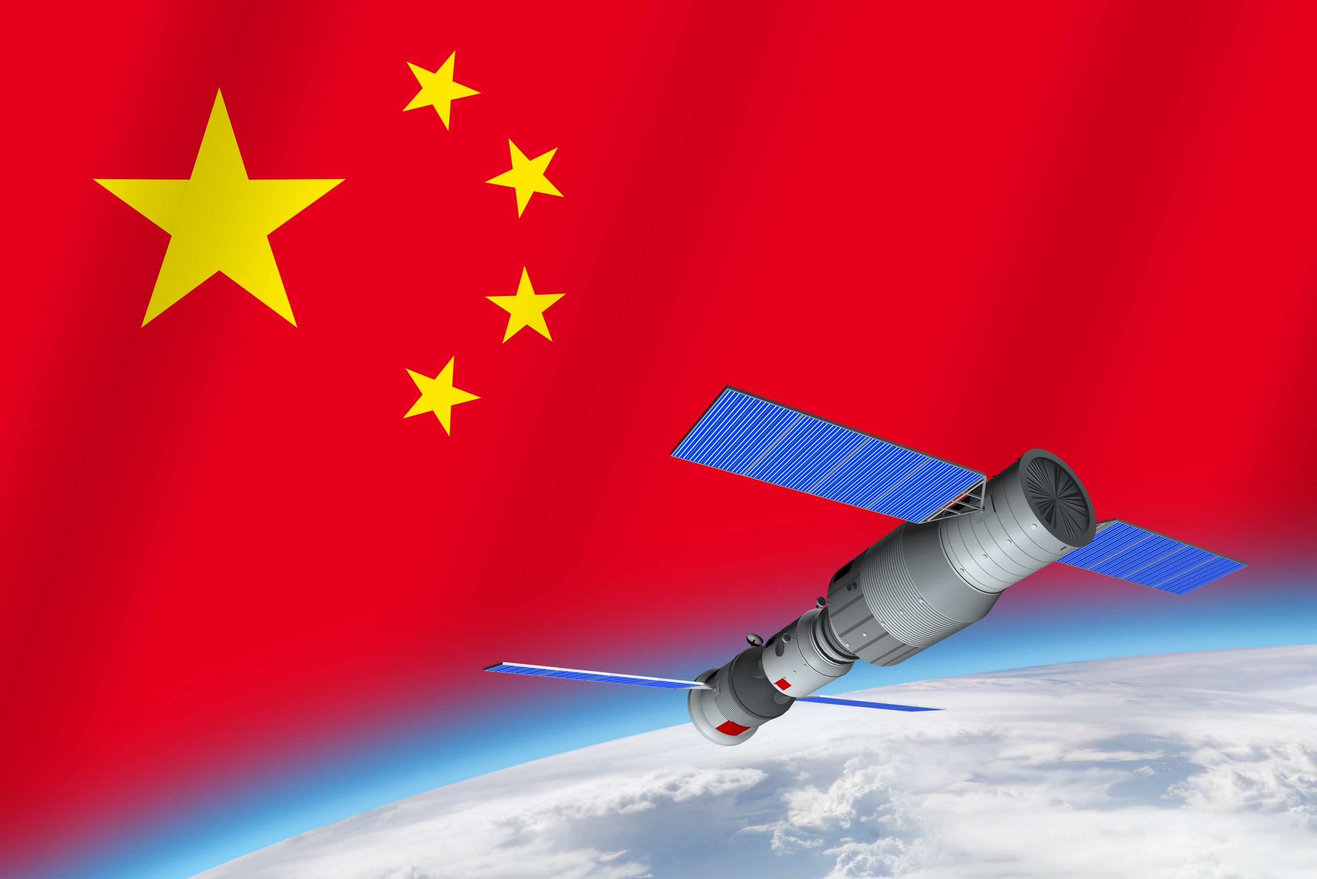 An illustration showing the Chinese flag, Chinese Space station and Earth. Depositphotos.