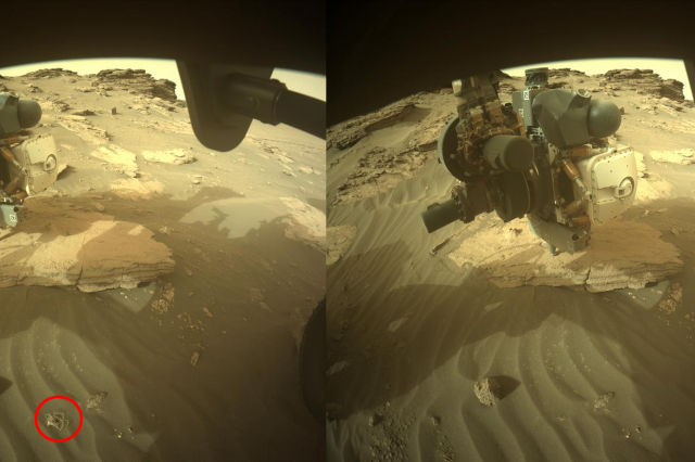 Images of Perseverance showing the object on the left, and the object gone on the right. NASA.