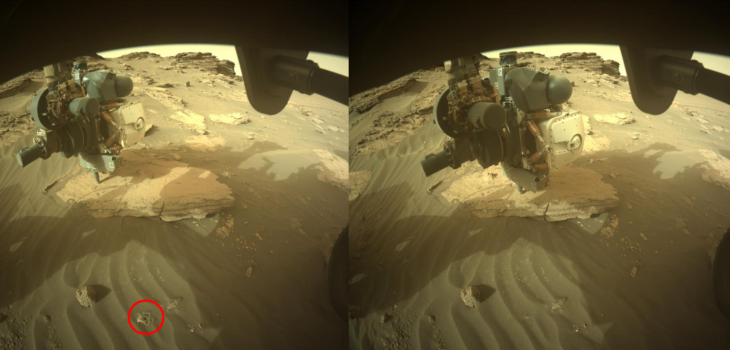 Images of Perseverance showing the object on the left, and the object gone on the right. NASA.