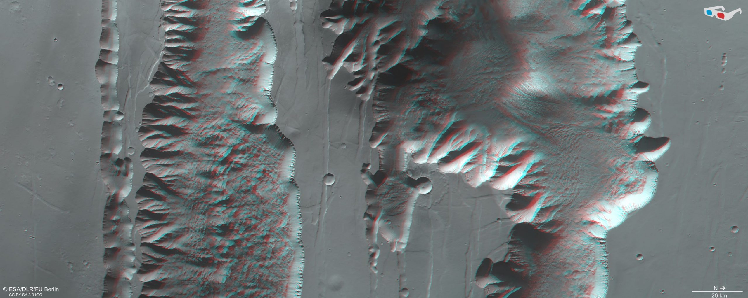 In this image, you can see the Ius and Tithonium Chasmata in 3D, which are part of the Valles Marineris canyon structure on Mars. The image was created using the High-Resolution Stereo Camera (HRSC) aboard ESA's Mars Express on April 21, 2022. ESA/DLR/FU Berlin, CC BY-SA 3.0 IGO.
