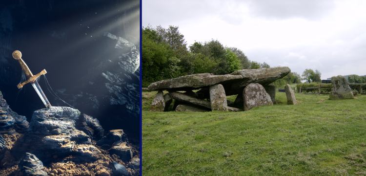 A photograph showing the monument known as Arthur's stone and an illustration of the sword Excalibur. Image Credit: Wikimedia Commons / Depositphotos.