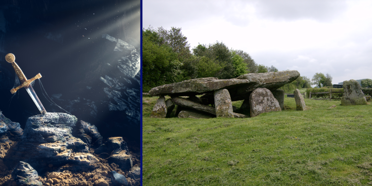 A photograph showing the monument known as Arthur's stone and an illustration of the sword Excalibur. Image Credit: Wikimedia Commons / Depositphotos.