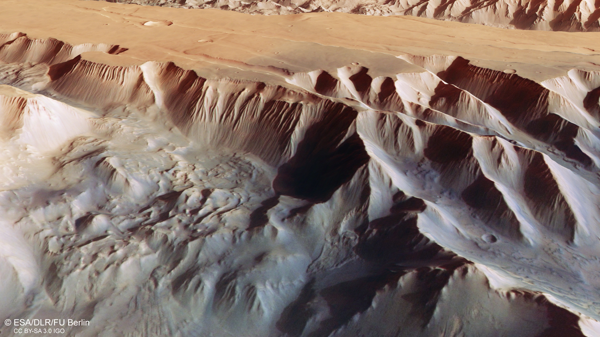 A digital terrain model and the nadir and color channels of the High Resolution Stereo Camera on the Mars Express were used to create this oblique perspective view of Tithonium Chasmata, which is part of Mars' Valles Marineris canyon structure. Image Credit: ESA/DLR/FU Berlin, CC BY-SA 3.0 IGO.
