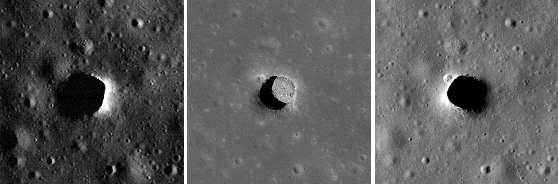 Three images of the Marius Hills pit have been taken by NASA's Lunar Reconnaissance Orbiter Camera, each with a very different lighting environment. As the Sun ascends high above the Marius Hills pit floor, scientists can view the floor of the pit. This pit is approximately 34 meters deep and 65 meters wide (213 feet by 295 feet). Image Credit: NASA/GSFC/Arizona State University.