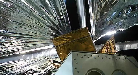A photograph of the deorbit sail by SAST unfolded in space. Image Credit: SAST.