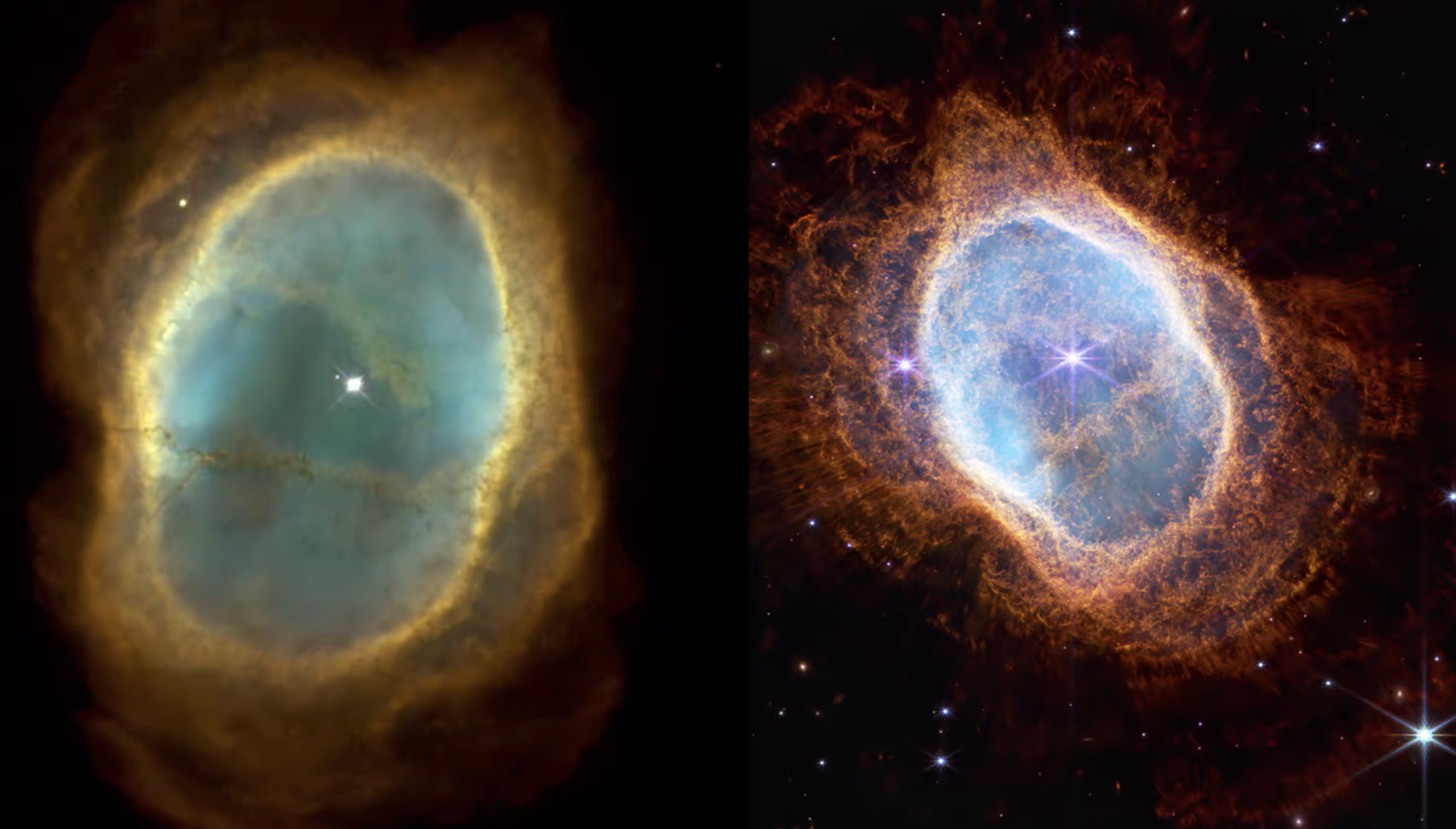 The Southern Ring Nebula as seen by Hubble (left) and Webb (right). NASA, ESA, CSA, and STScI.