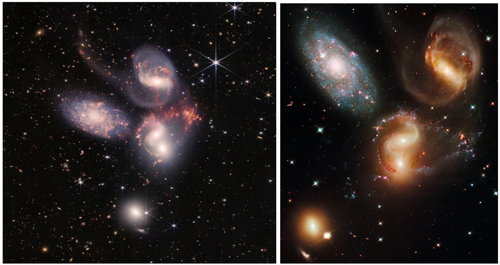 Here is a view of Stephen's Quintet. To the left is the image by Webb, and to the right by Hubble. NASA, ESA, CSA, and STScI.