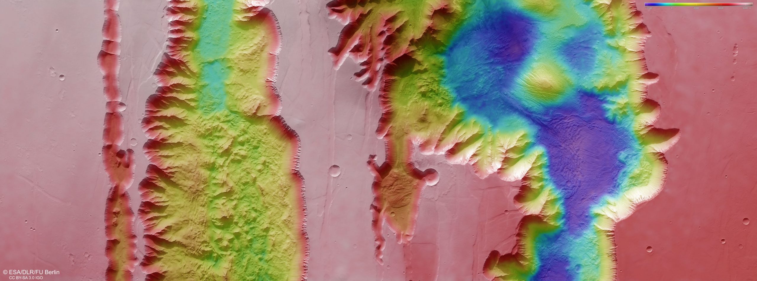 Mars' Valles Marineris canyon structure is represented in this colour-coded topographic image. ESA/DLR/FU Berlin, CC BY-SA 3.0 IGO.
