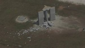 An aerial view of the partially-destroyed Guidestones.