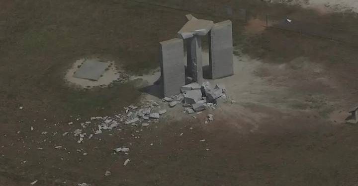 An aerial view of the partially-destroyed Guidestones.