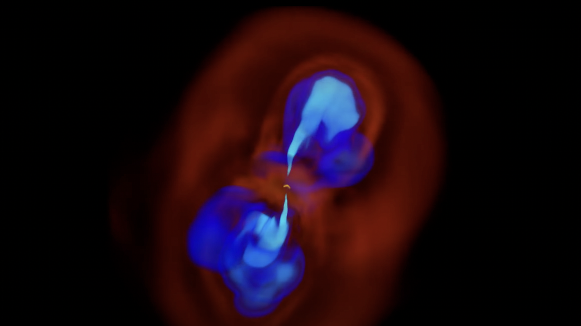 A screenshot from the study showing the formation of X-shaped Radio Galaxies. Image Credit: Aretaios Lalakos et. al.