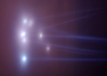 An illustration of a Black Triangle UFO With lights. Depositphotos.