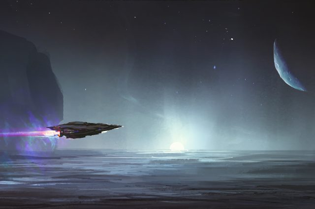 An illustration of an alien spacecraft and an alien world. Depositphotos.