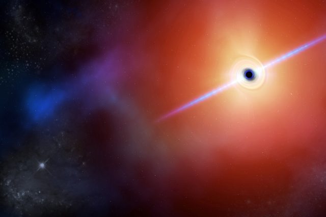An illustration showing a blazar and a black hole. Depositphotos.