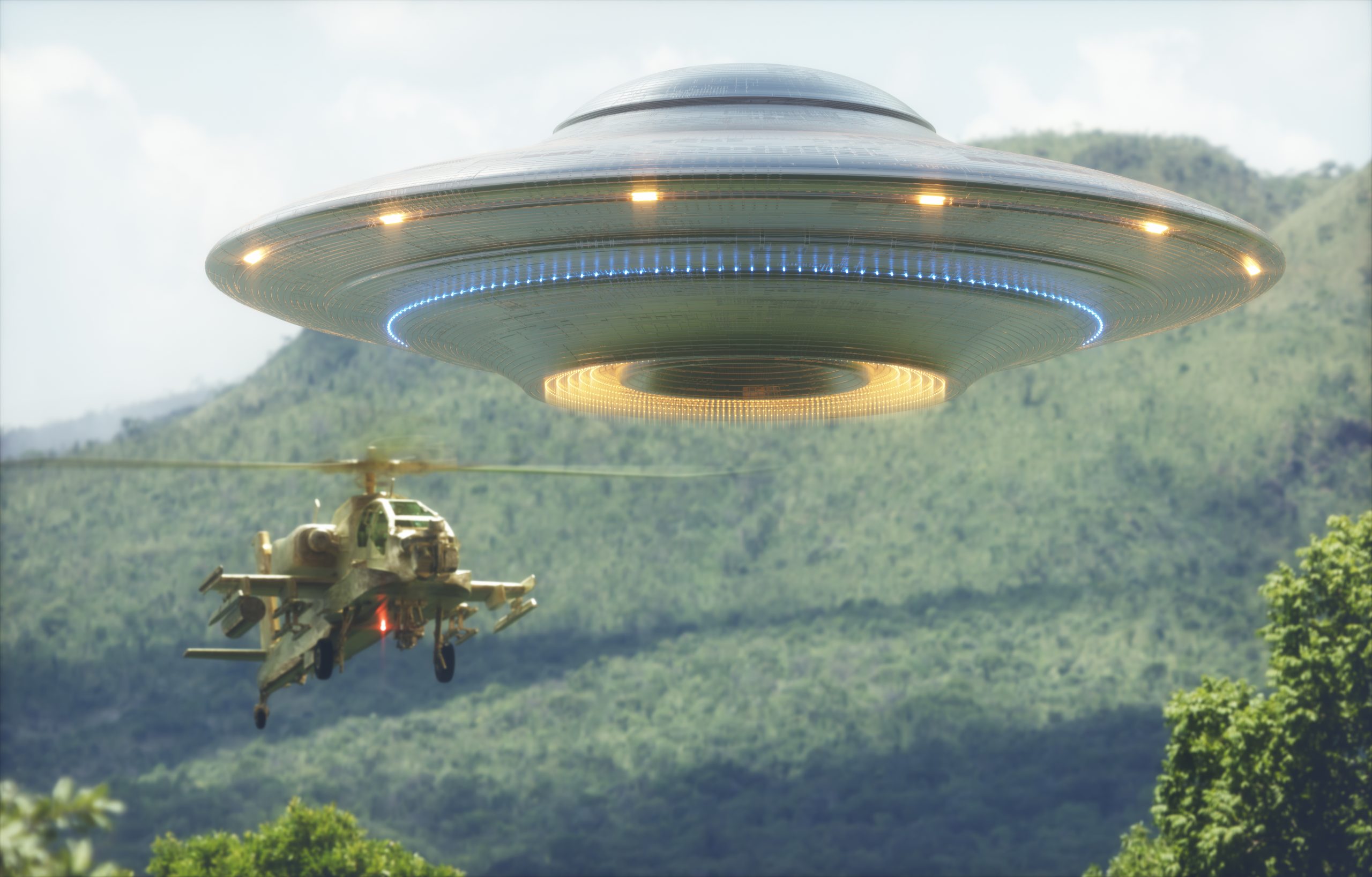 An illustration showing a military helicopter and a UFO. Depositphotos.
