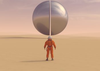 An illustration showing a soldier standing in front of a UFO. Depositphotos.