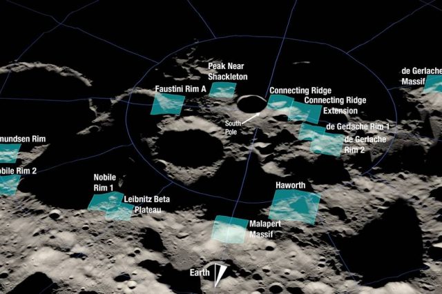 An illustration showing the potential landing sites for Artemis III lunar landing. Image Credit: NASA.