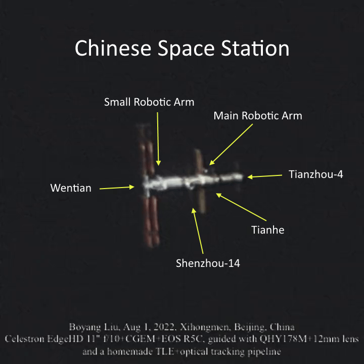 A still from the video taken by Boyang Liu showing the different parts of the Chinese Space Station. Image Credit: Boyang Liu.