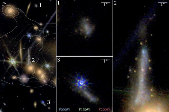 Color images of the Sparkler and its environs made by combining F090W, F150W, and F200W images at native spatial resolution. Mowla et al., arXiv: 2208.02233.