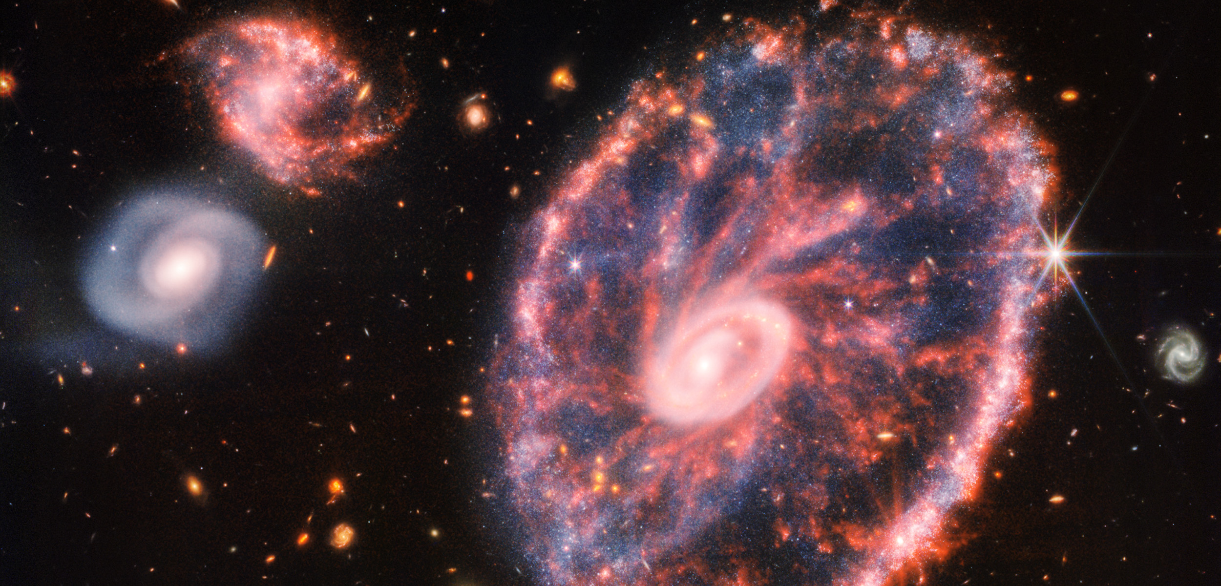 Cropped image of the Cartwheel Galaxy as seen by the James Webb Space Telescope. Credits: NASA, ESA, CSA, STScI.