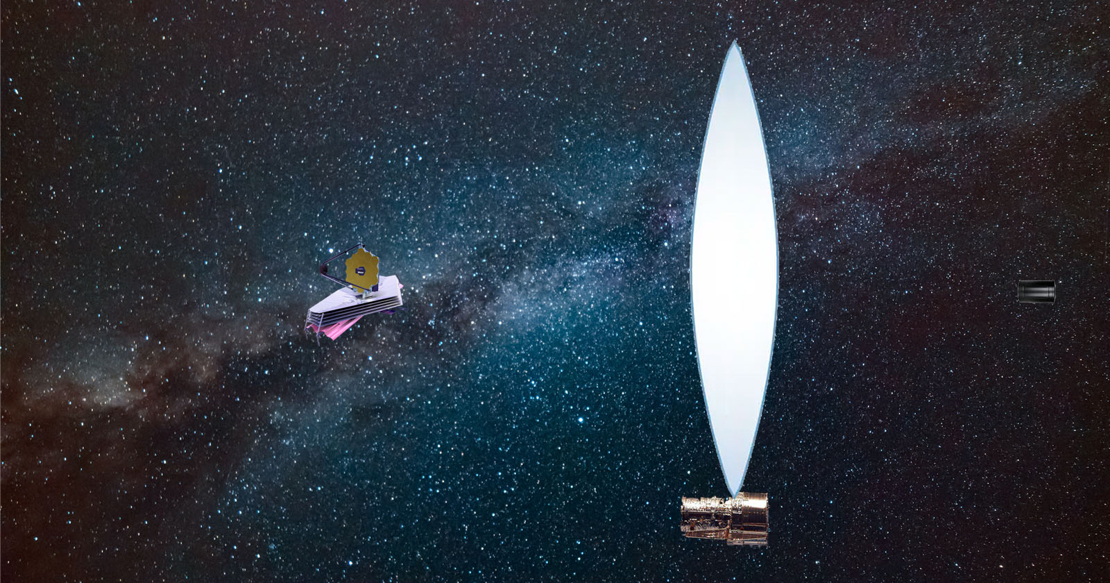 An illustration showing the James Webb Space Telescope compared to a future space telescope a hundred times larger. Image Credit: Studio Ella Maru.