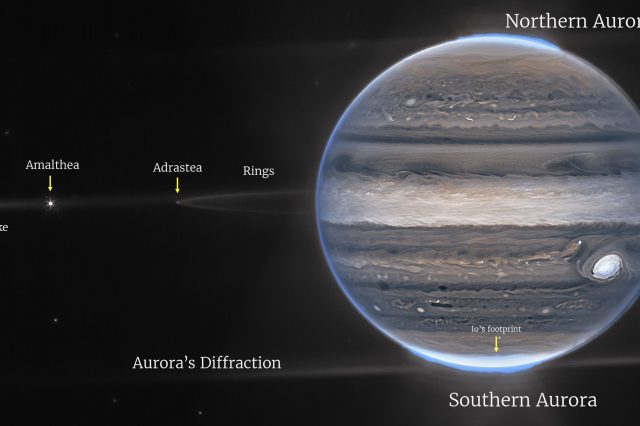 Jupiter as seen by Webb. Image Credit: NASA, ESA, CSA, Jupiter ERS Team; image processing by Judy Schmidt.