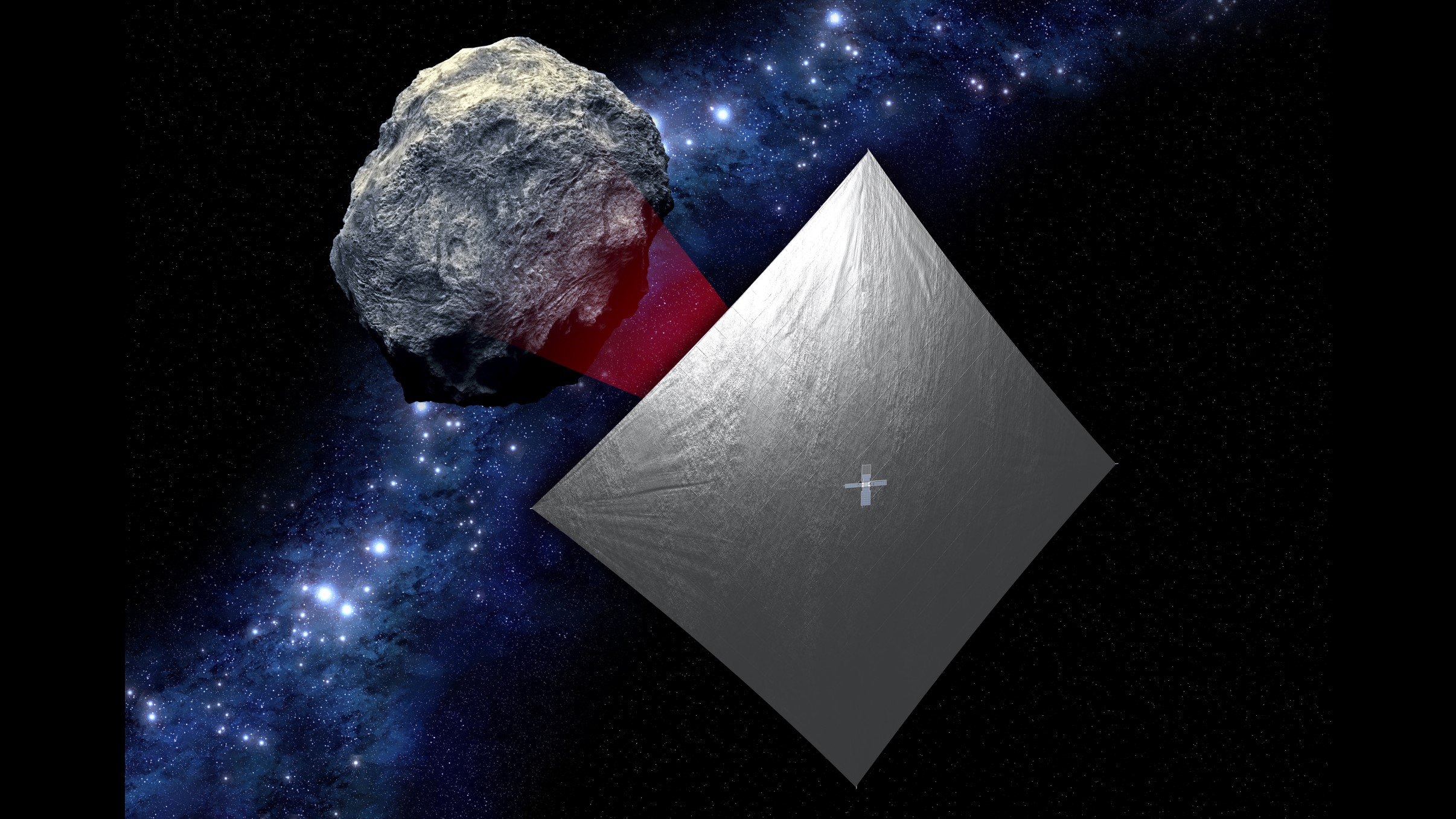 This artist's rendition shows the NEA Scout cubesat sailing past an asteroid. Image credit: NASA/JPL-Caltech.