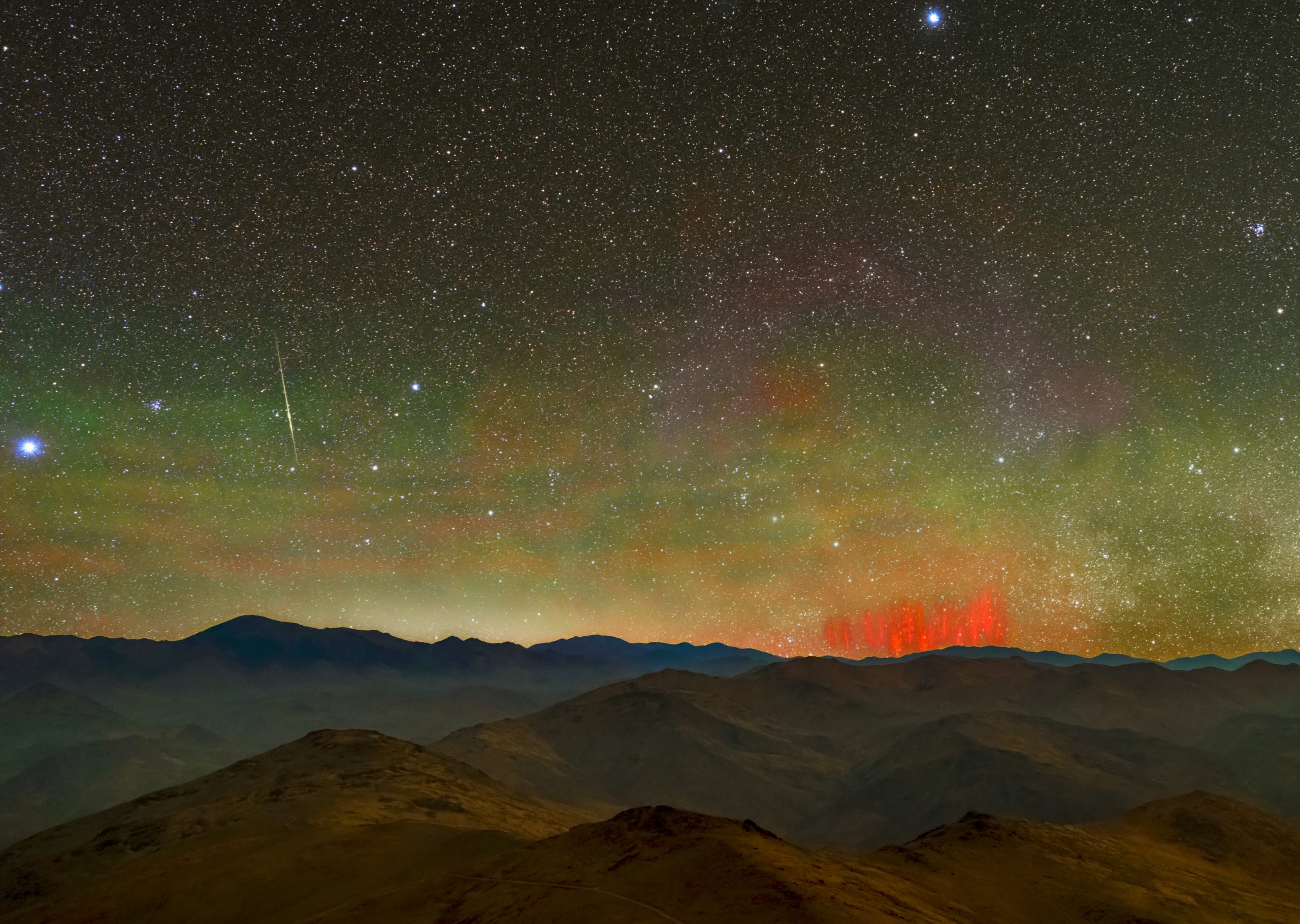 A photograph taken near ESO's La Silla observatory shows a rare phenomenon known as a Red Sprite. Image Credit: Zdenek Bardon/ESO.