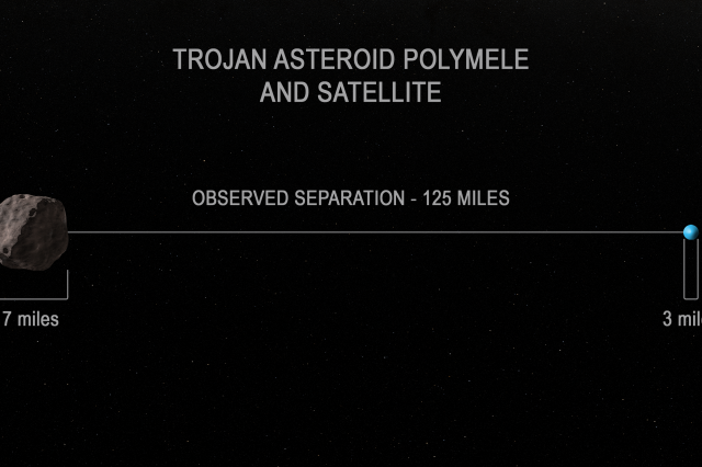An illustration showing Trojan asteroid Polymele and the object orbiting it at a distance of around 200 kilometers. Image Credit: NASA's Goddard Space Flight Center.