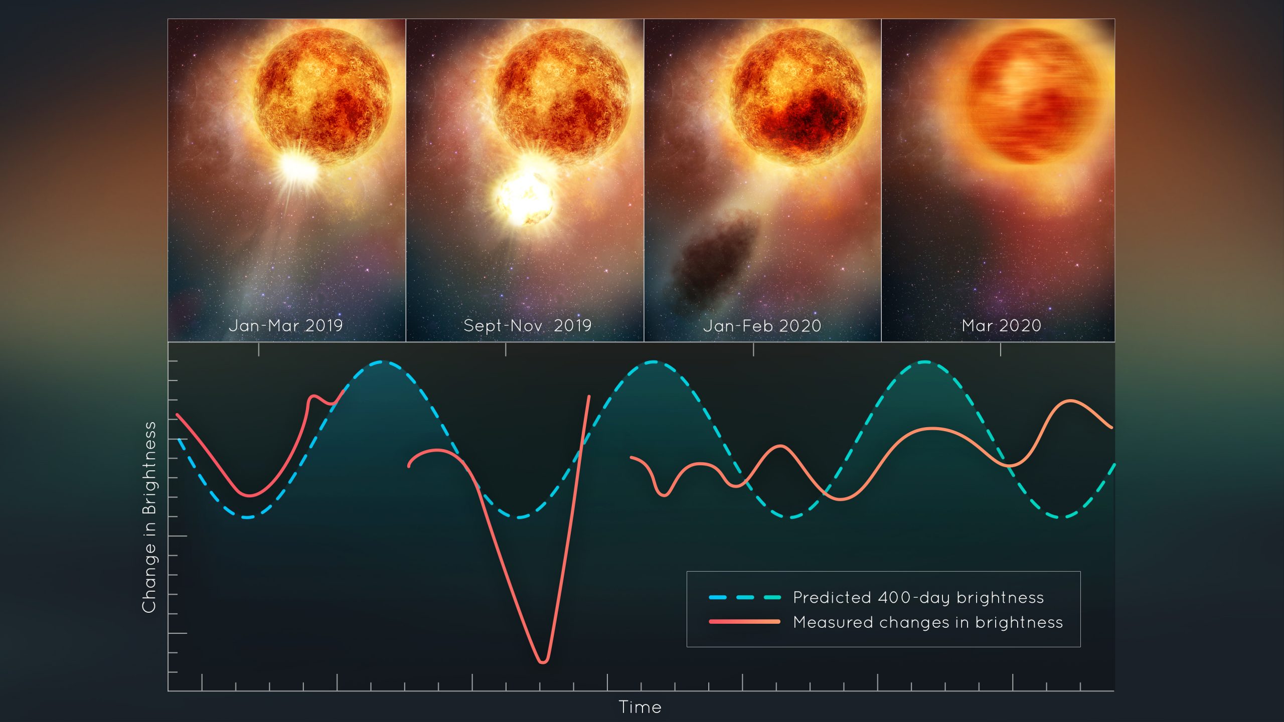 The illustration shows how the brightness of Betelgeuse changed after a large chunk of its visible surface was ejected in a titanic mass ejection. As seen from Earth, the star temporarily appeared dimmer as a result of the escaping matter cooling to form a cloud of dust. Scientists have been measuring the monster star's oscillation period for more than 200 years, but this unprecedented convulsion disrupted it. Credits: NASA, ESA, Elizabeth Wheatley (STScI).