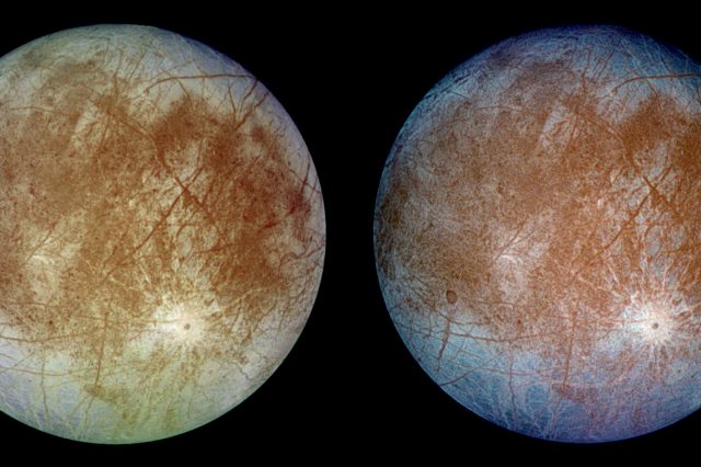 A photograph of Jupiter's Moon Europa. Image Credit: NASA/JPL/DLR.
