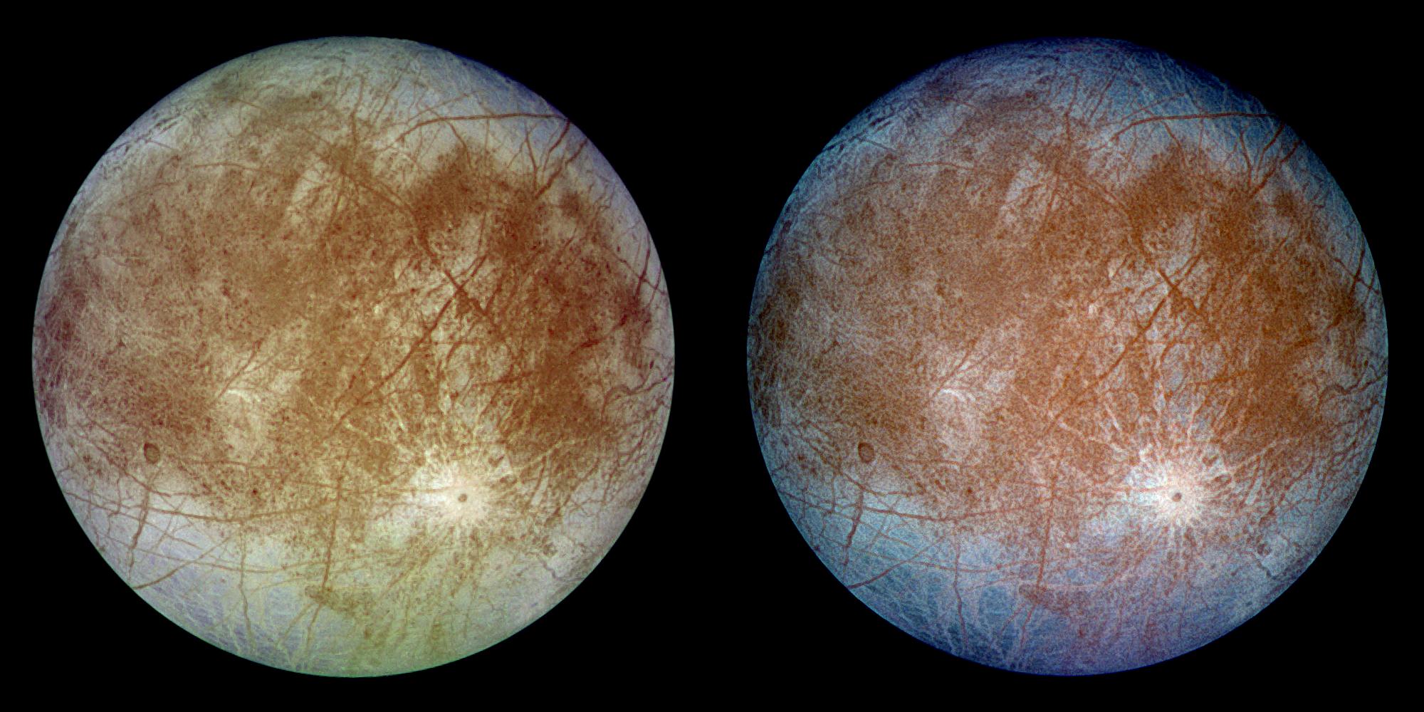 A photograph of Jupiter's Moon Europa. Image Credit: NASA/JPL/DLR.