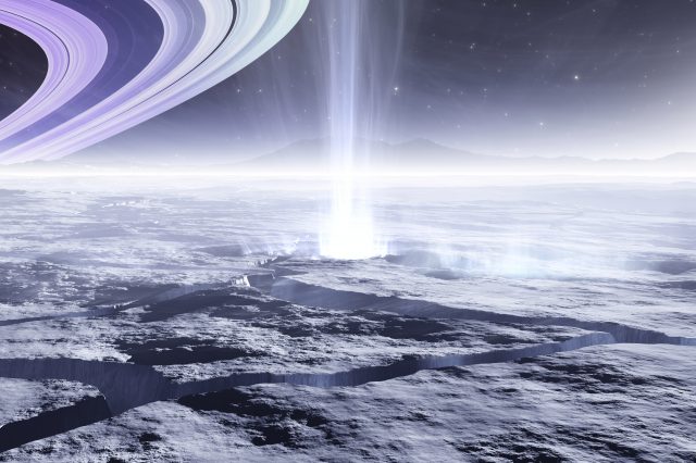 An artist's illustration of a view from the surface of Enceladus and Saturn's rings. Depositphotos.