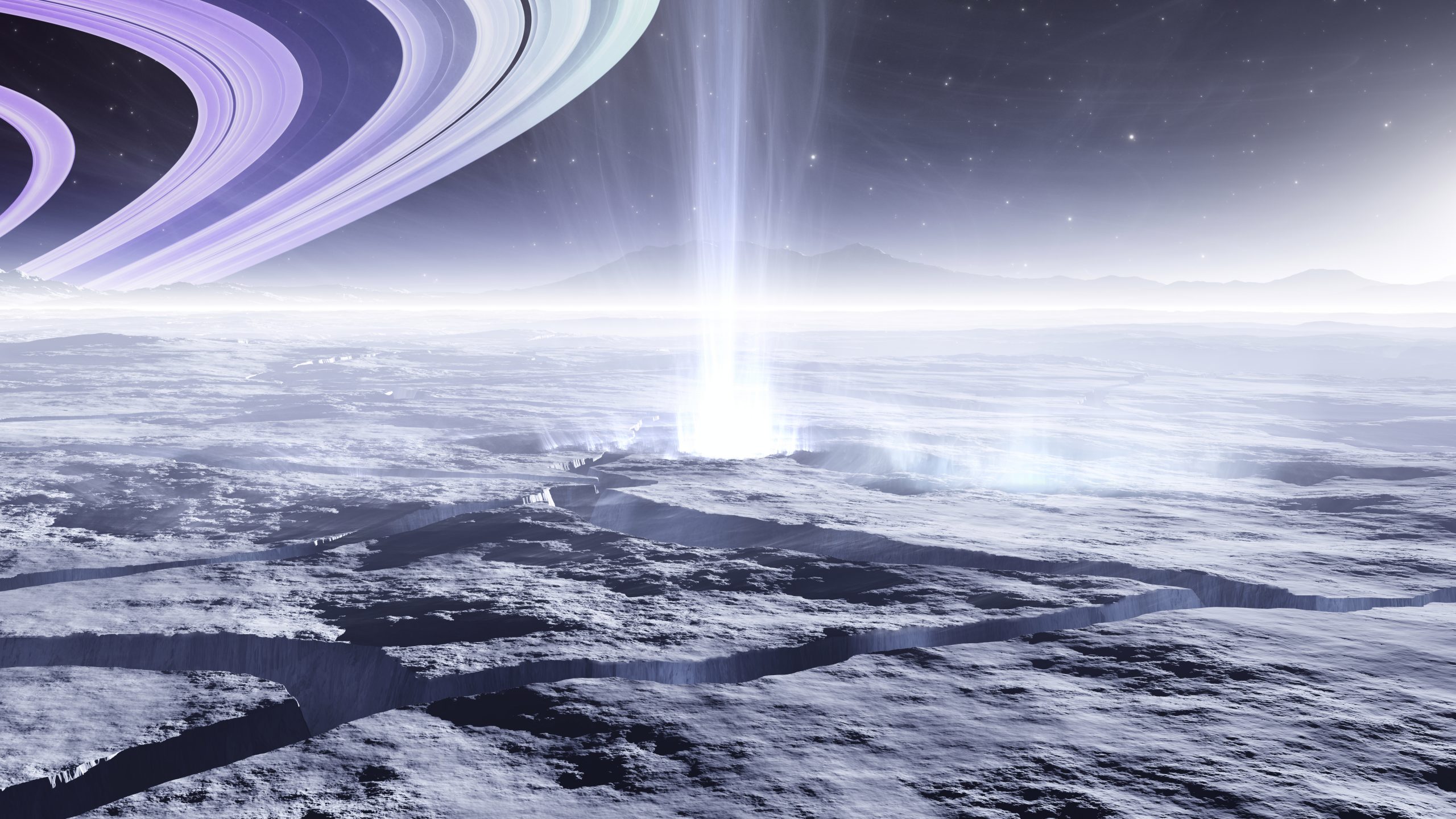 An artist's illustration of a view from the surface of Enceladus and Saturn's rings. Depositphotos.